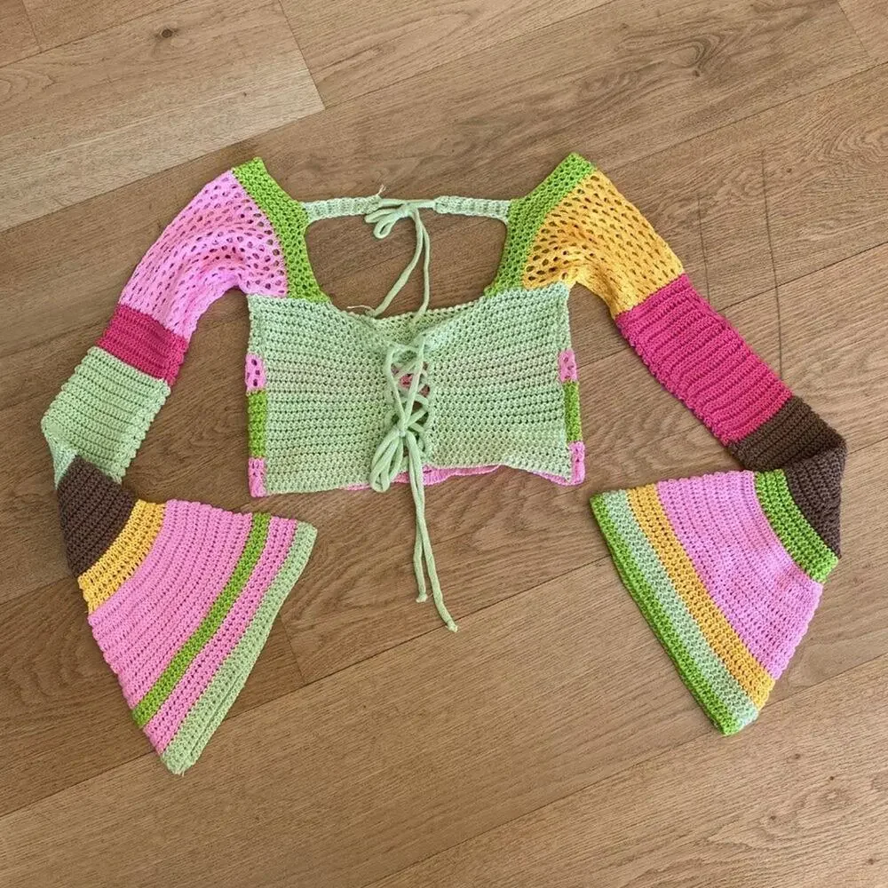 Crochet Knit Stripe Bell Sleeve Crop Top in Green & Pink